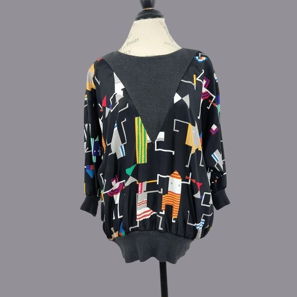 Vintage Blouse Top Medium Black Geometric New Wave - Picture 1 of 9